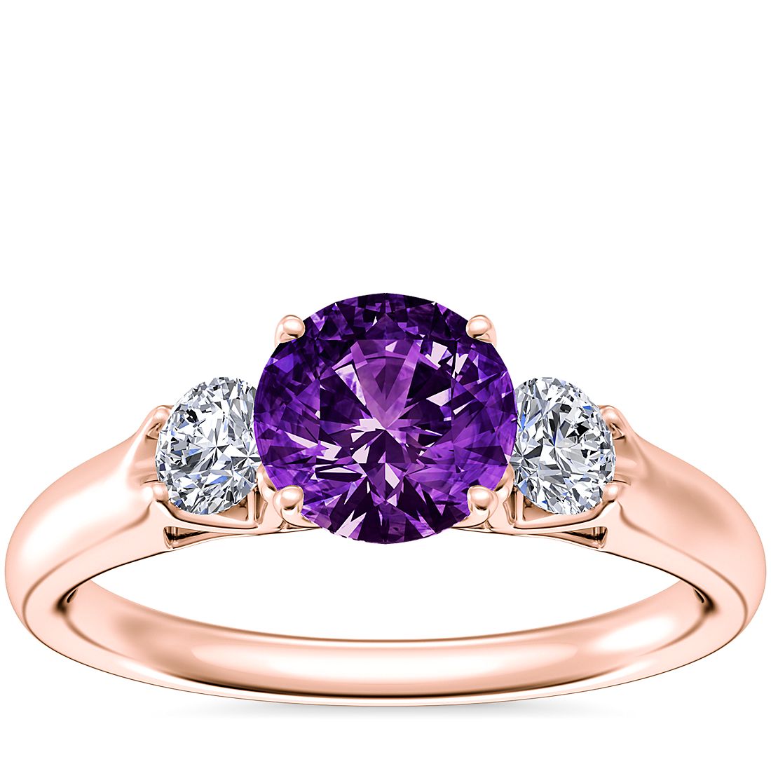 Classic Three Stone Engagement Ring with Round Amethyst in 14k Rose Gold (6.5mm)