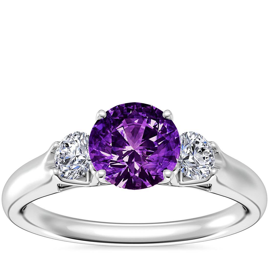 Classic Three Stone Engagement Ring with Round Amethyst in 14k White Gold (6.5mm)