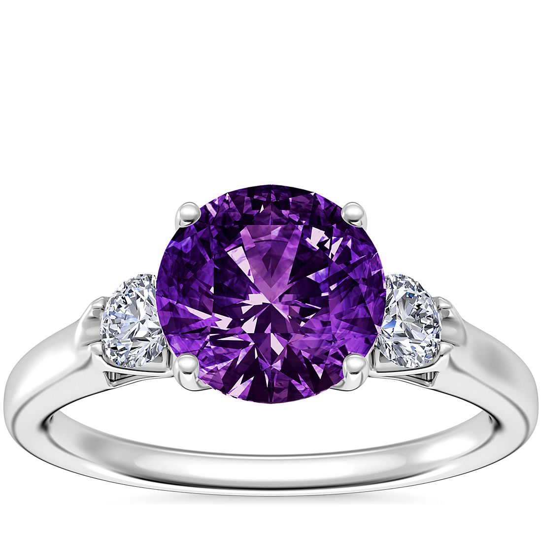 Classic Three Stone Engagement Ring with Round Amethyst in 14k White Gold (8mm)