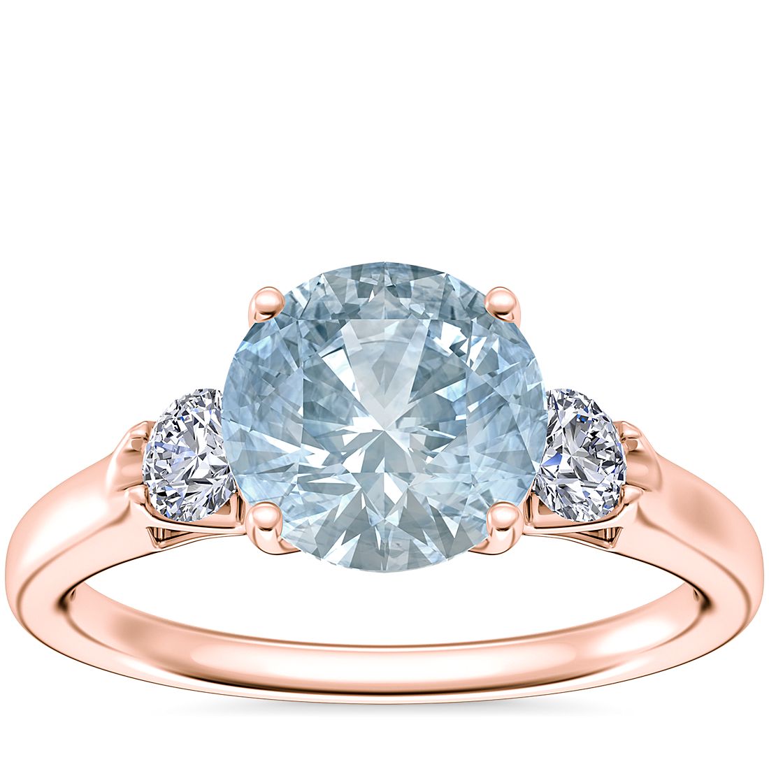 Classic Three Stone Engagement Ring with Round Aquamarine in 14k Rose Gold (8mm)