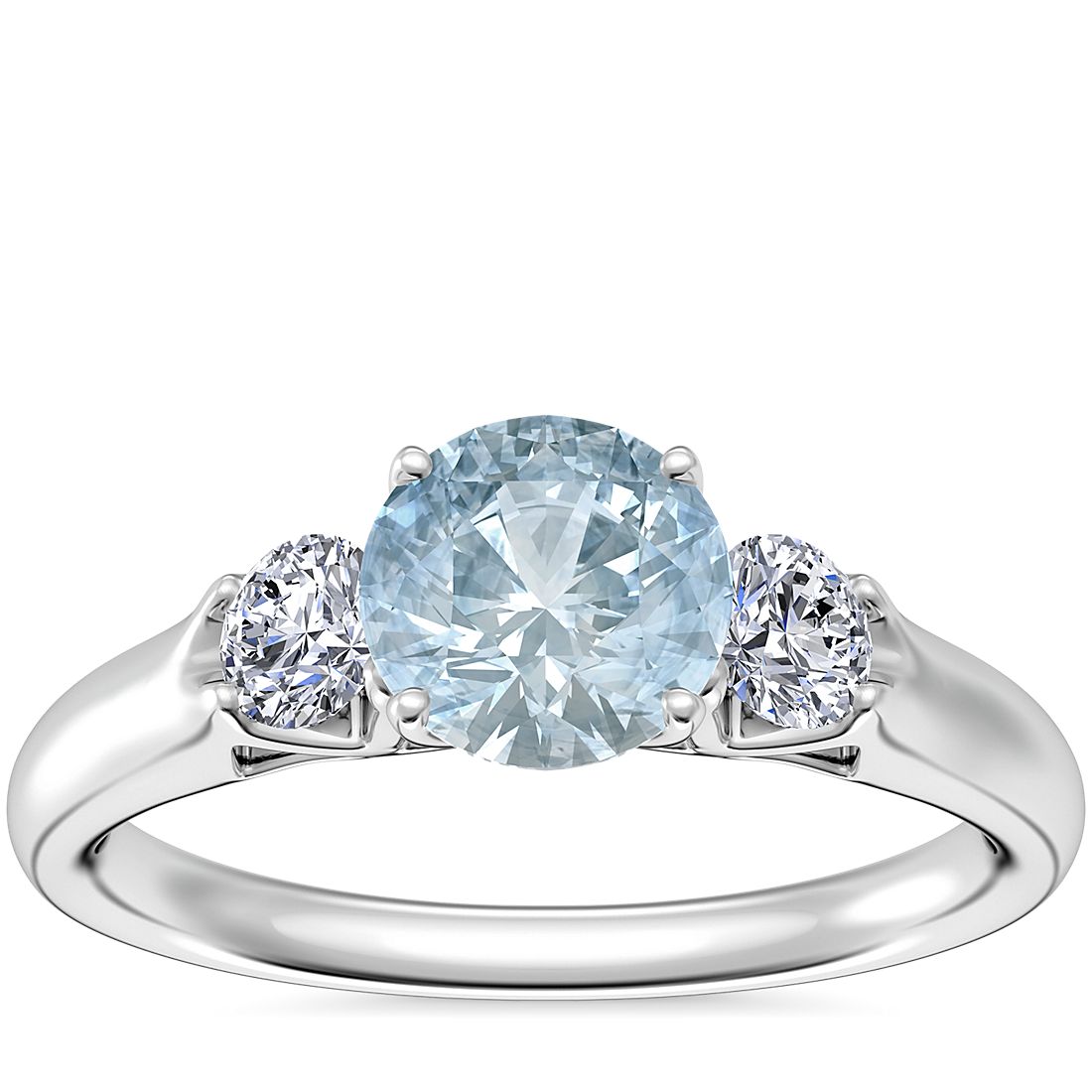 Classic Three Stone Engagement Ring with Round Aquamarine in 14k White Gold (6.5mm)