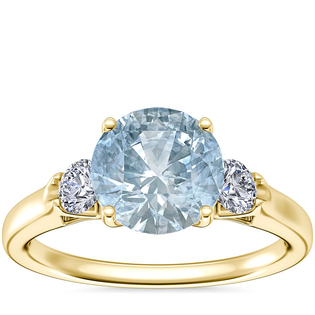 Classic Three Stone Engagement Ring with Round Aquamarine in 14k Yellow Gold (8mm)