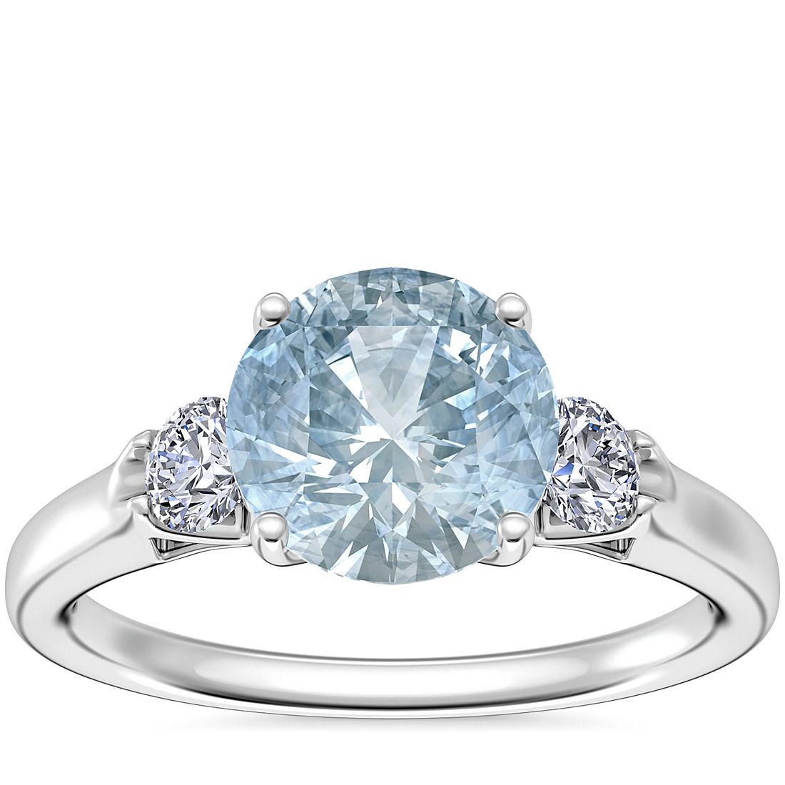 Classic Three Stone Engagement Ring with Round Aquamarine in 18k White Gold (8mm)