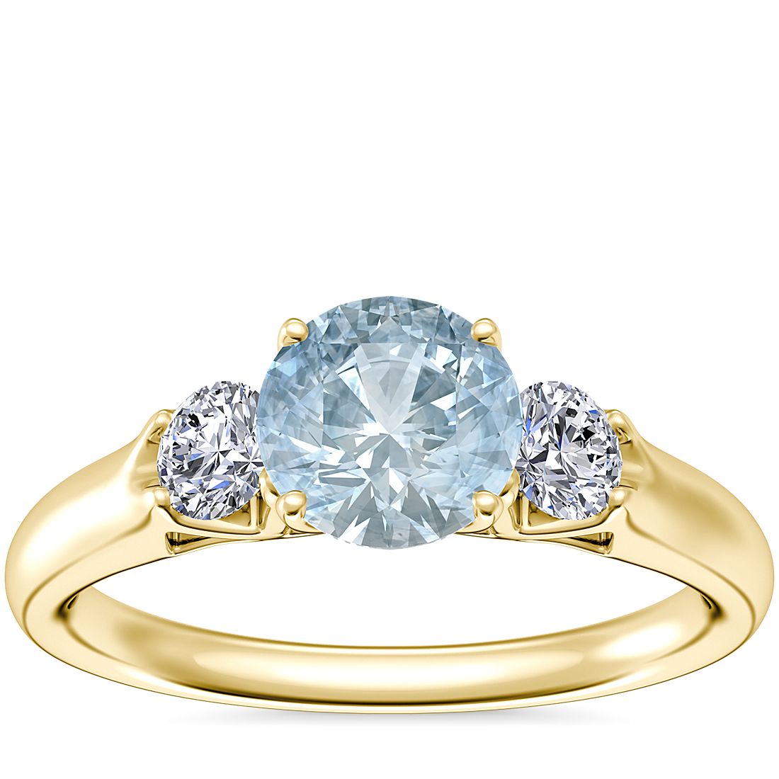 Classic Three Stone Engagement Ring with Round Aquamarine in 18k Yellow Gold (6.5mm)