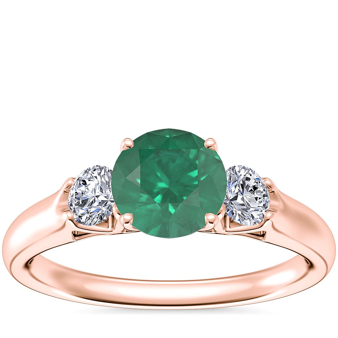 Classic Three Stone Engagement Ring with Round Emerald in 14k Rose Gold (6.5mm)