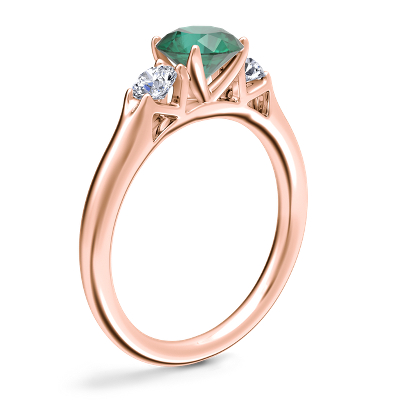 Classic Three Stone Engagement Ring with Round Emerald in 18k Rose Gold (6.5mm)