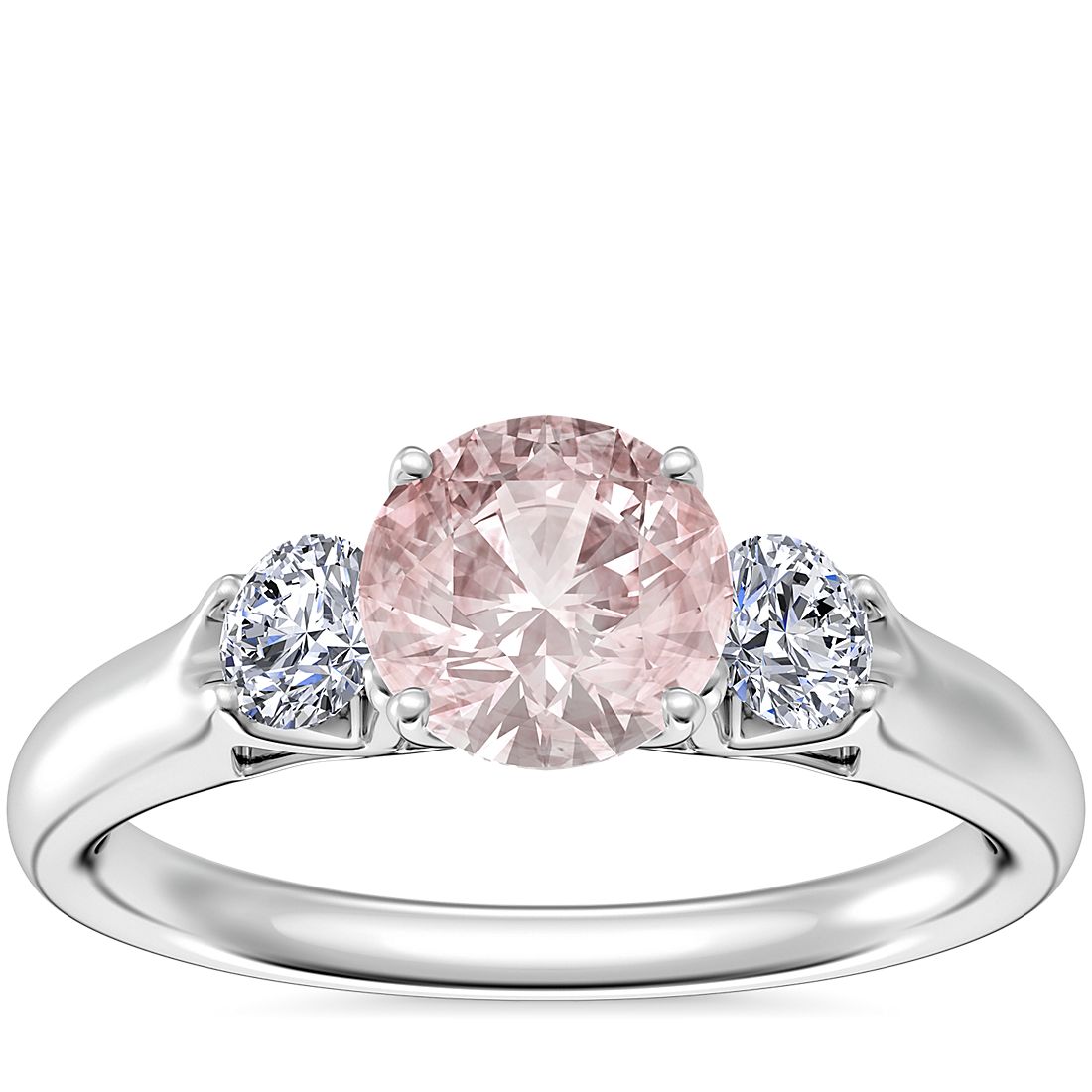 Classic Three Stone Engagement Ring with Round Morganite in 14k White Gold (6.5mm)