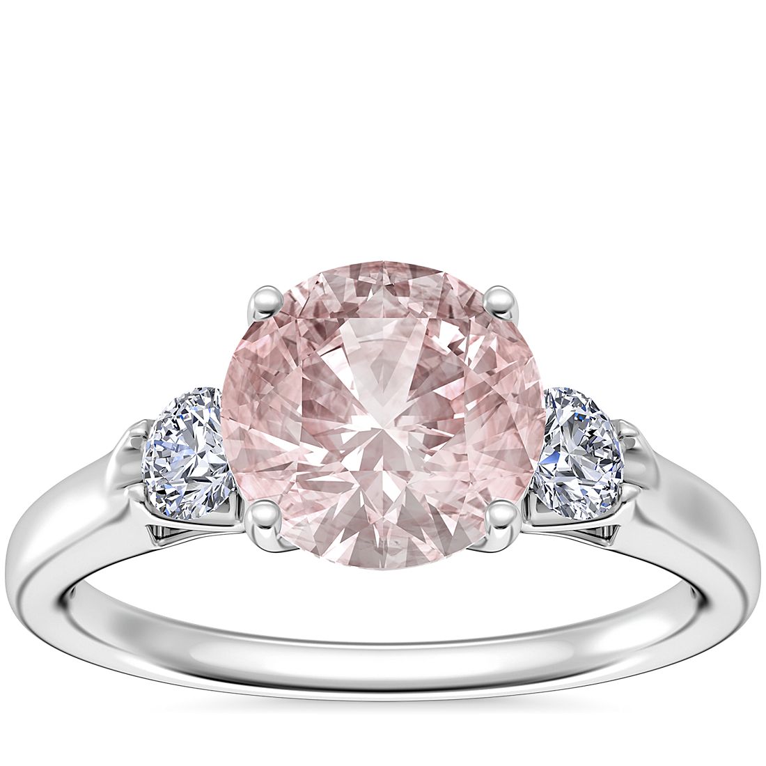 Classic Three Stone Engagement Ring with Round Morganite in 14k White Gold (8mm)