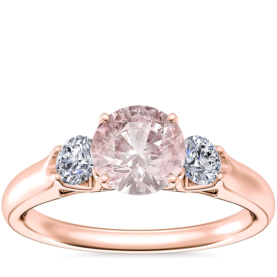 Classic Three Stone Engagement Ring with Round Morganite in 18k Rose Gold (6.5mm)