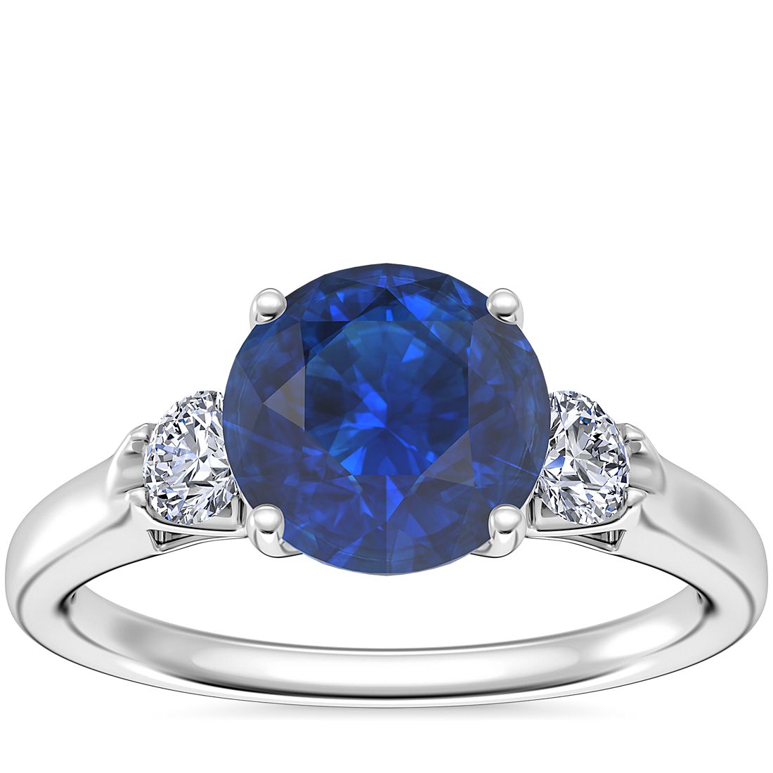 Classic Three Stone Engagement Ring with Round Sapphire in 14k White Gold (8mm)