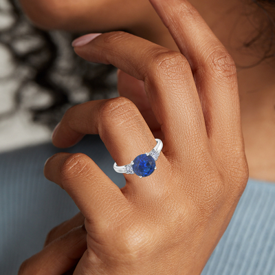 Classic Three Stone Engagement Ring with Round Sapphire in 14k White Gold (8mm)