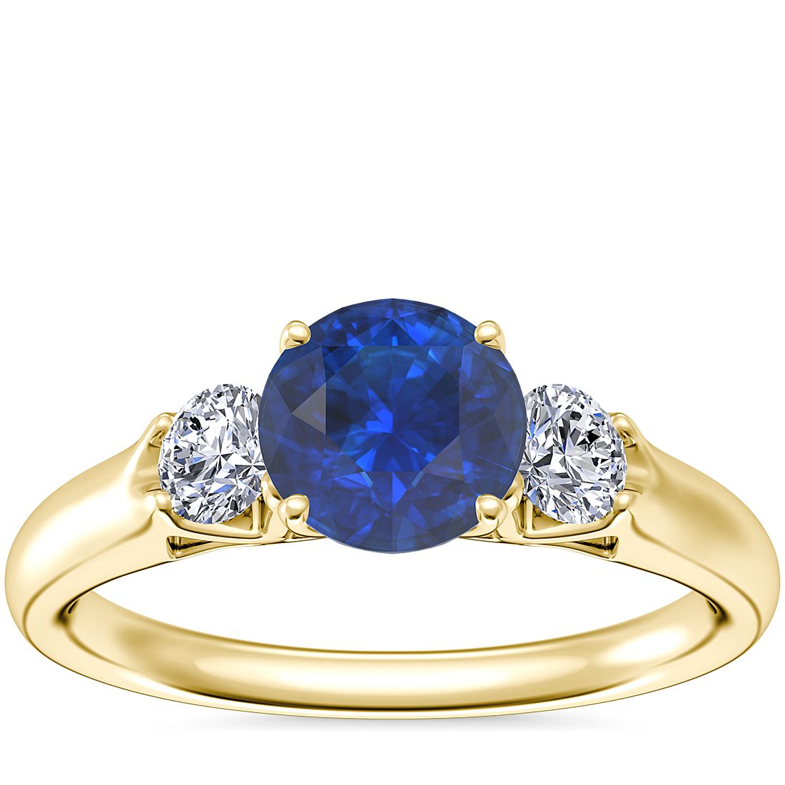 Classic Three Stone Engagement Ring with Round Sapphire in 14k Yellow Gold (6mm)