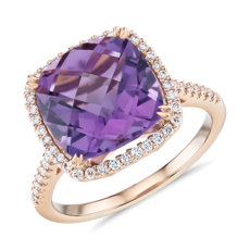 14k 玫瑰金墊形切割紫水晶鑽石光環雞尾酒戒指（10.5 毫米）