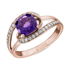 14k 玫瑰金墊形切割紫水晶搭扭結光環戒指