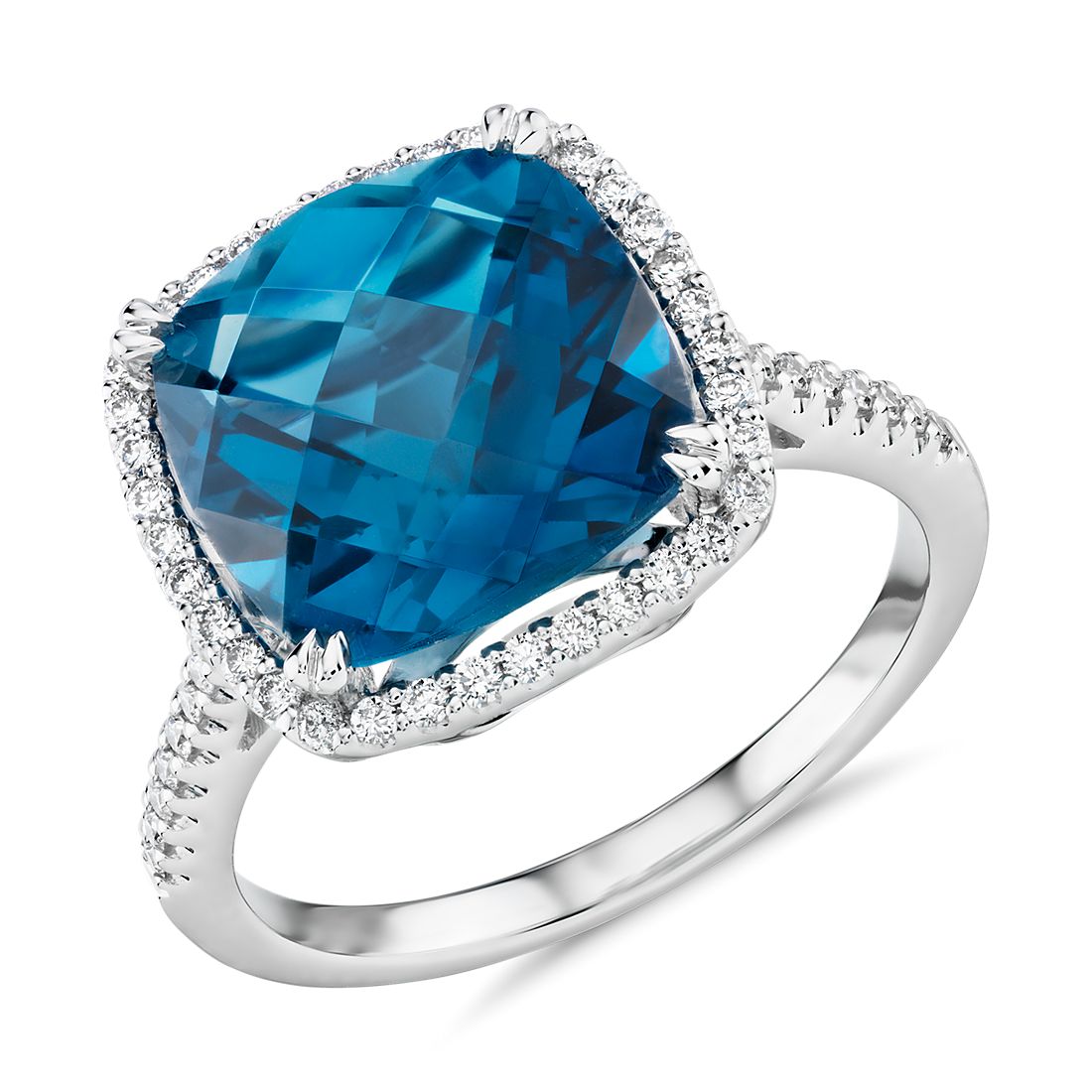 Gevaar Monarchie Gastheer van Cushion-Cut London Blue Topaz Diamond Halo Cocktail Ring in 14k White Gold  (10.5mm) | Blue Nile