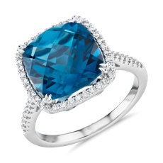 14k 白金墊形切割倫敦藍色托帕石鑽石光環雞尾酒戒指（10.5 毫米） 