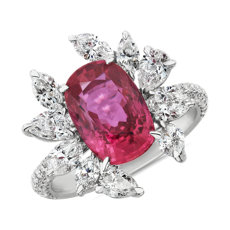 Bague florale diamants et rubis taille coussin en or blanc 18 carats