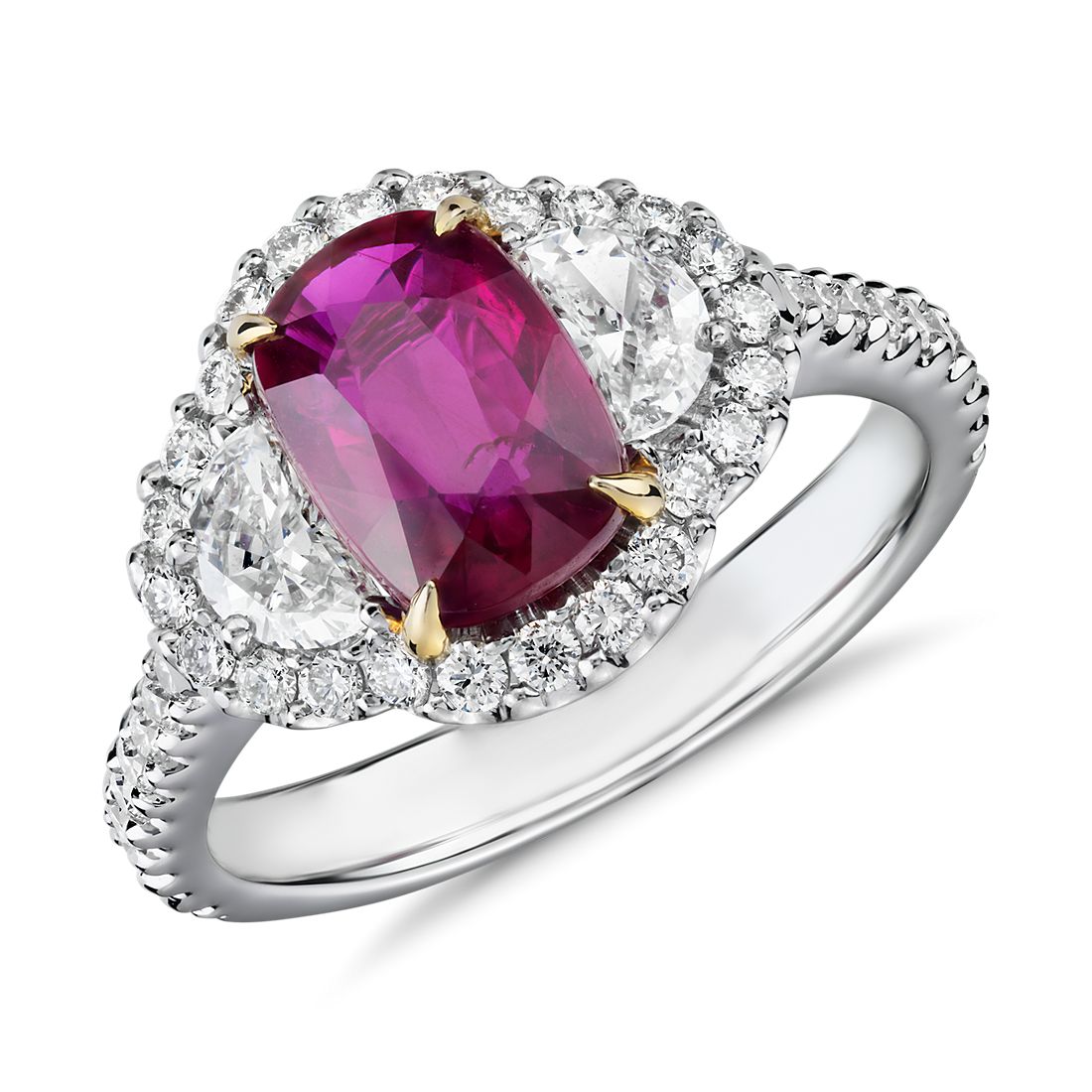 Three-Stone Cushion-Cut Ruby and Half Moon Diamond Halo Ring in 18k White and Yellow Gold (8x6mm)