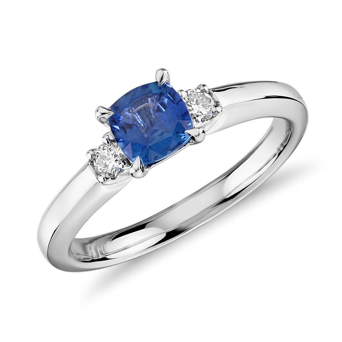 Cushion-Cut Sapphire and Diamond Three-Stone Engagement Ring in 14k White  Gold (5x5mm)