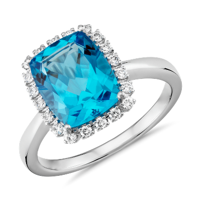 Cushion-Cut Swiss Blue Topaz and Diamond Halo Ring in 14k White Gold ...
