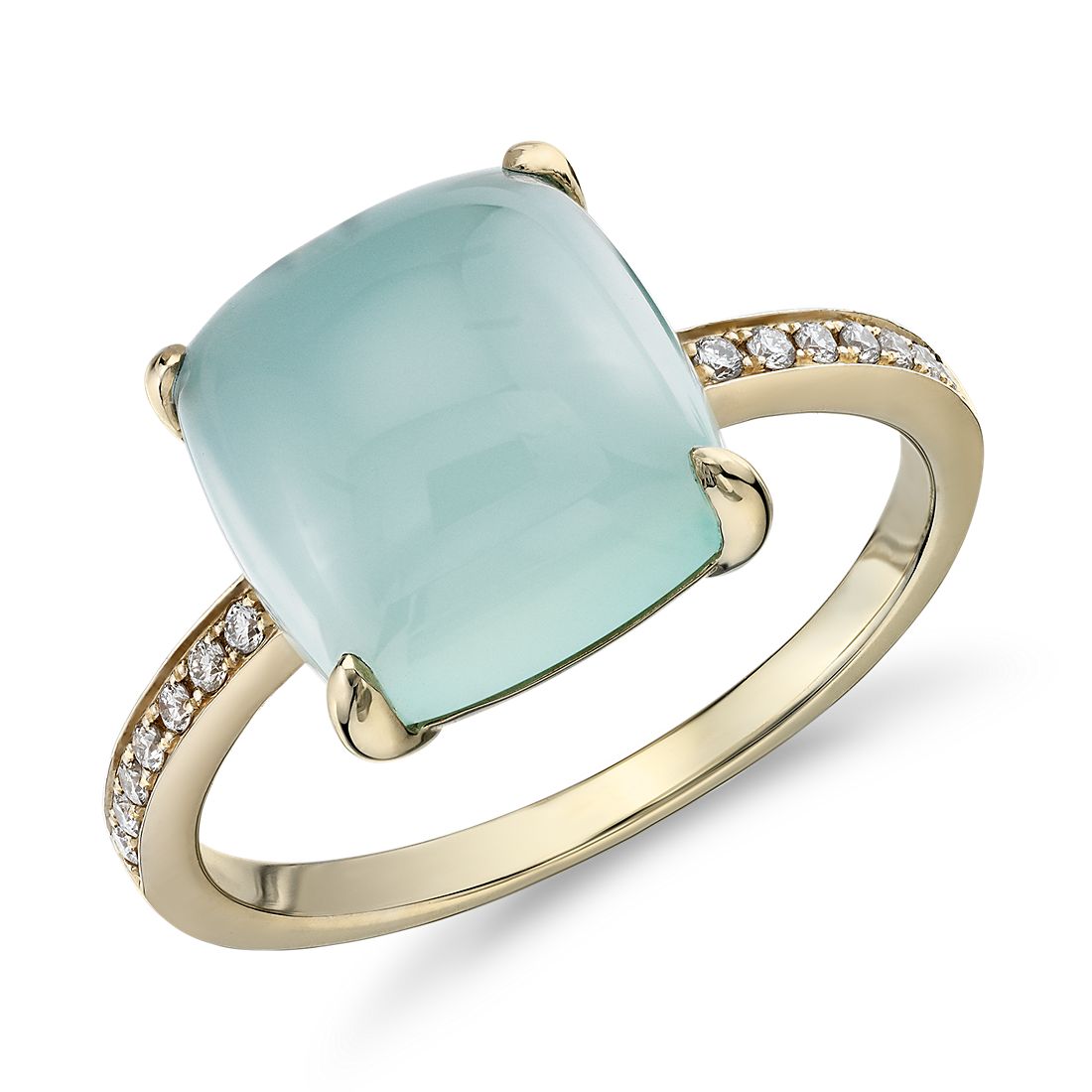 Cushion Cut Green Chalcedony Cabochon Ring with Diamond Sidestones in 14k Yellow Gold (10mm)