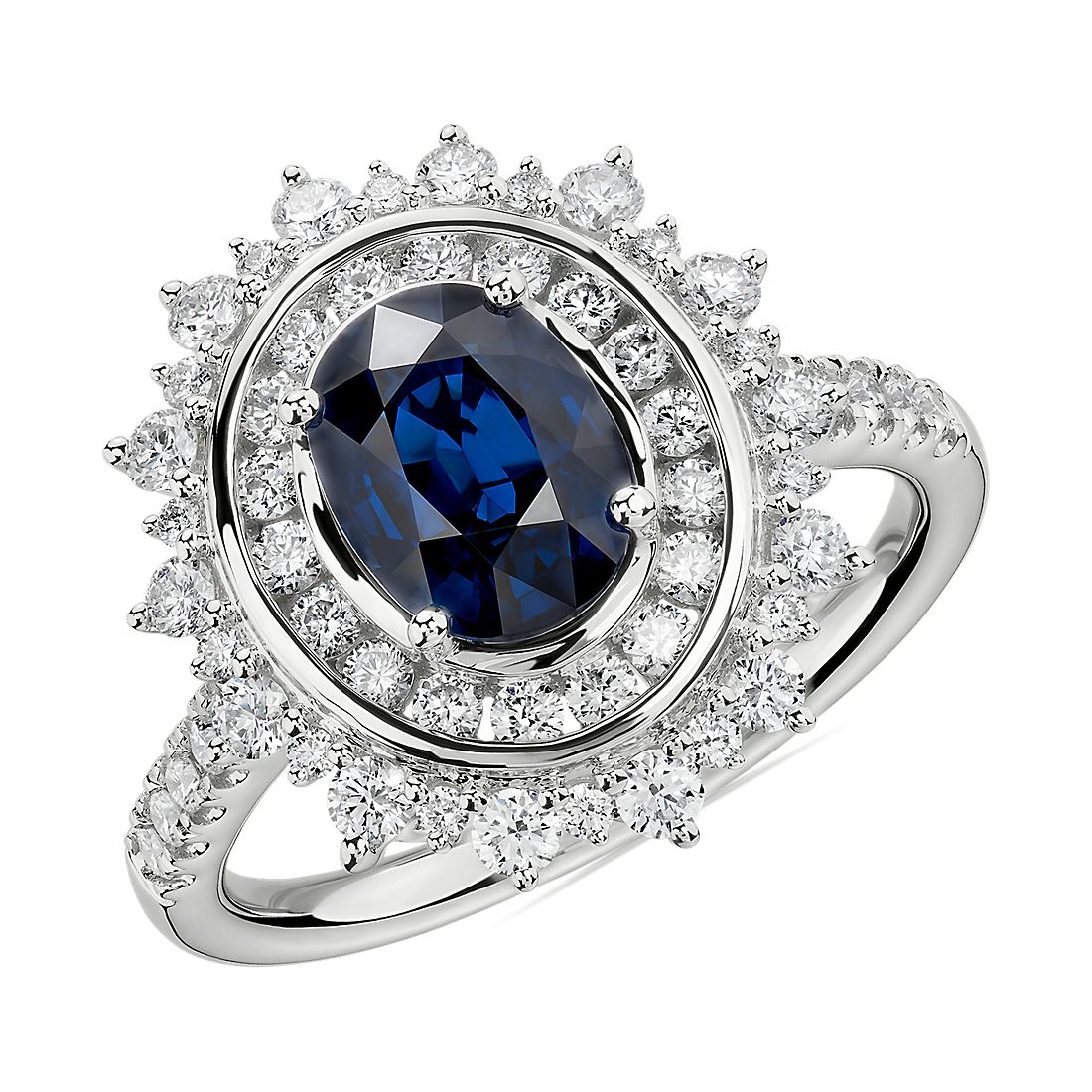 Oval Sapphire Ring with Double Diamond Sunburst Halo in 14k White Gold