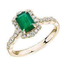 14k 黃金綠寶石形切割綠寶石搭鑽石光環戒指