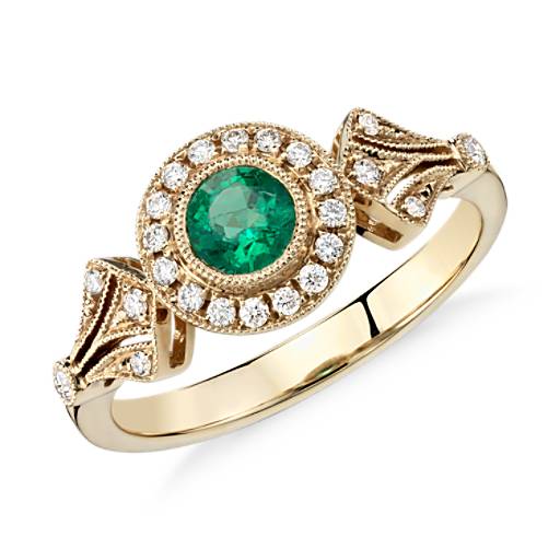 Emerald and Diamond Halo Vintage-Inspired Milgrain Ring in 14k Yellow ...