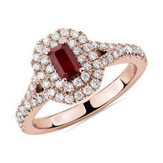 Anillo de rubí de talla esmeralda y doble halo de diamantes en oro rosado de 14 k (5x3mm)