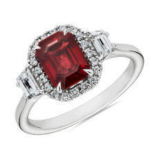 Emerald Cut Ruby and Trapezoid Diamond Ring in 18k White Gold