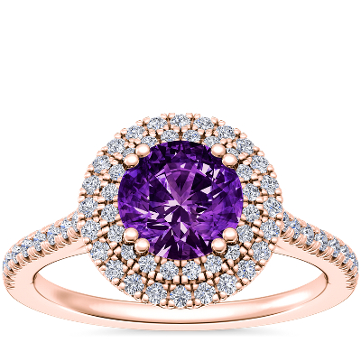 Micropavé Double Halo Diamond Engagement Ring with Round Amethyst in ...