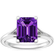 Petite Split Shank Solitaire Engagement Ring with Emerald-Cut Amethyst in 14k White Gold (9x7mm)