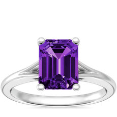 Petite Split Shank Solitaire Engagement Ring with Emerald-Cut Amethyst in 18k White Gold (8x6mm)