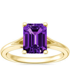 Petite Split Shank Solitaire Engagement Ring with Emerald-Cut Amethyst in 18k Yellow Gold (8x6mm)