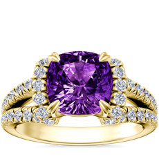 Split Semi Halo Diamond Engagement Ring with Cushion Amethyst in 14k Yellow Gold (8mm)