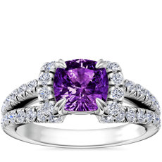 Split Semi Halo Diamond Engagement Ring with Cushion Amethyst in Platinum (6.5mm)