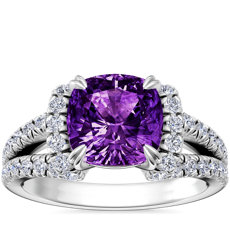 Split Semi Halo Diamond Engagement Ring with Cushion Amethyst in Platinum (8mm)