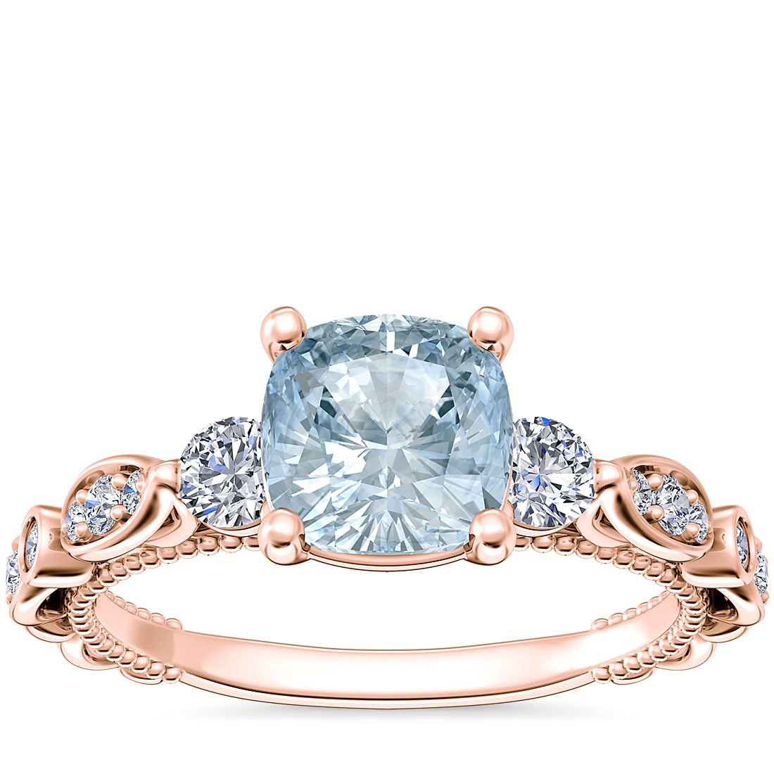 Floral Ellipse Diamond Cathedral Engagement Ring with Cushion Aquamarine in 14k Rose Gold (6.5mm)