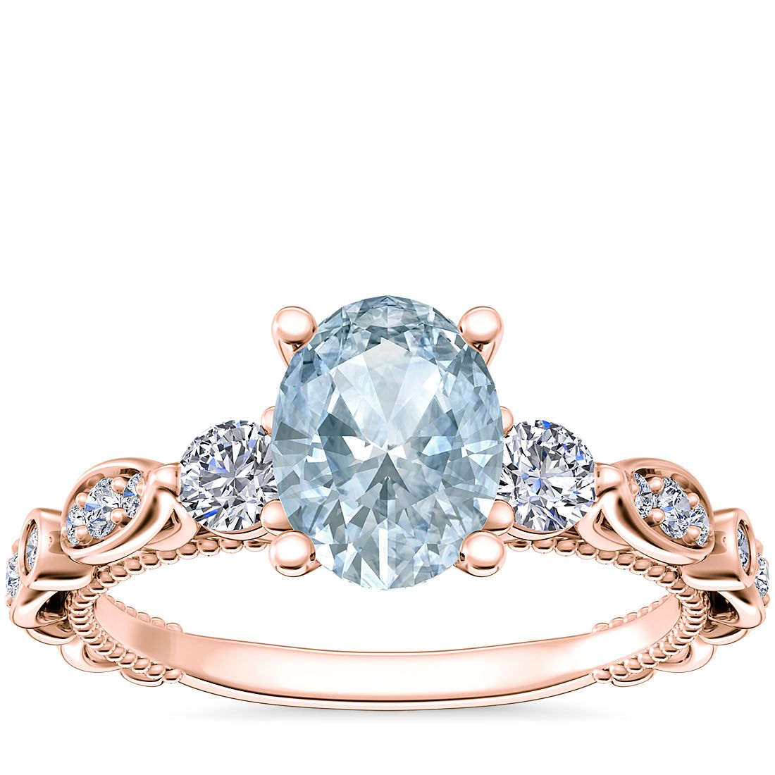 Floral Ellipse Diamond Cathedral Engagement Ring with Oval Aquamarine in 14k Rose Gold (8x6mm)
