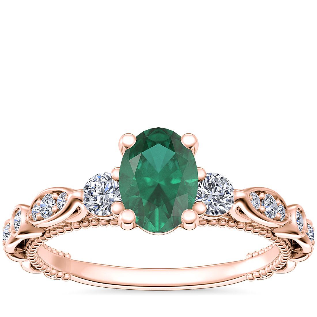 Floral Ellipse Diamond Cathedral Engagement Ring with Oval Emerald in 14k Rose Gold (7x5mm)