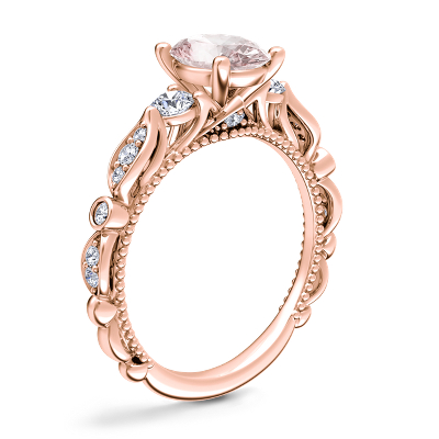 Floral Ellipse Diamond Cathedral Engagement Ring with Oval Morganite in 14k Rose Gold (8x6mm)