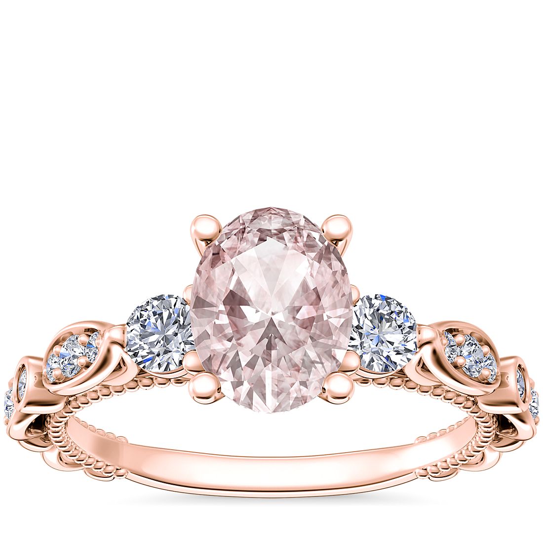 Floral Ellipse Diamond Cathedral Engagement Ring with Oval Morganite in 14k Rose Gold (8x6mm)