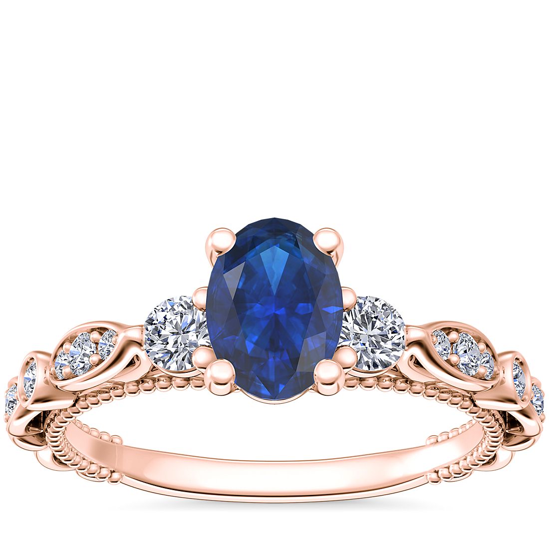 Floral Ellipse Diamond Cathedral Engagement Ring with Oval Sapphire in 14k Rose Gold (7x5mm)