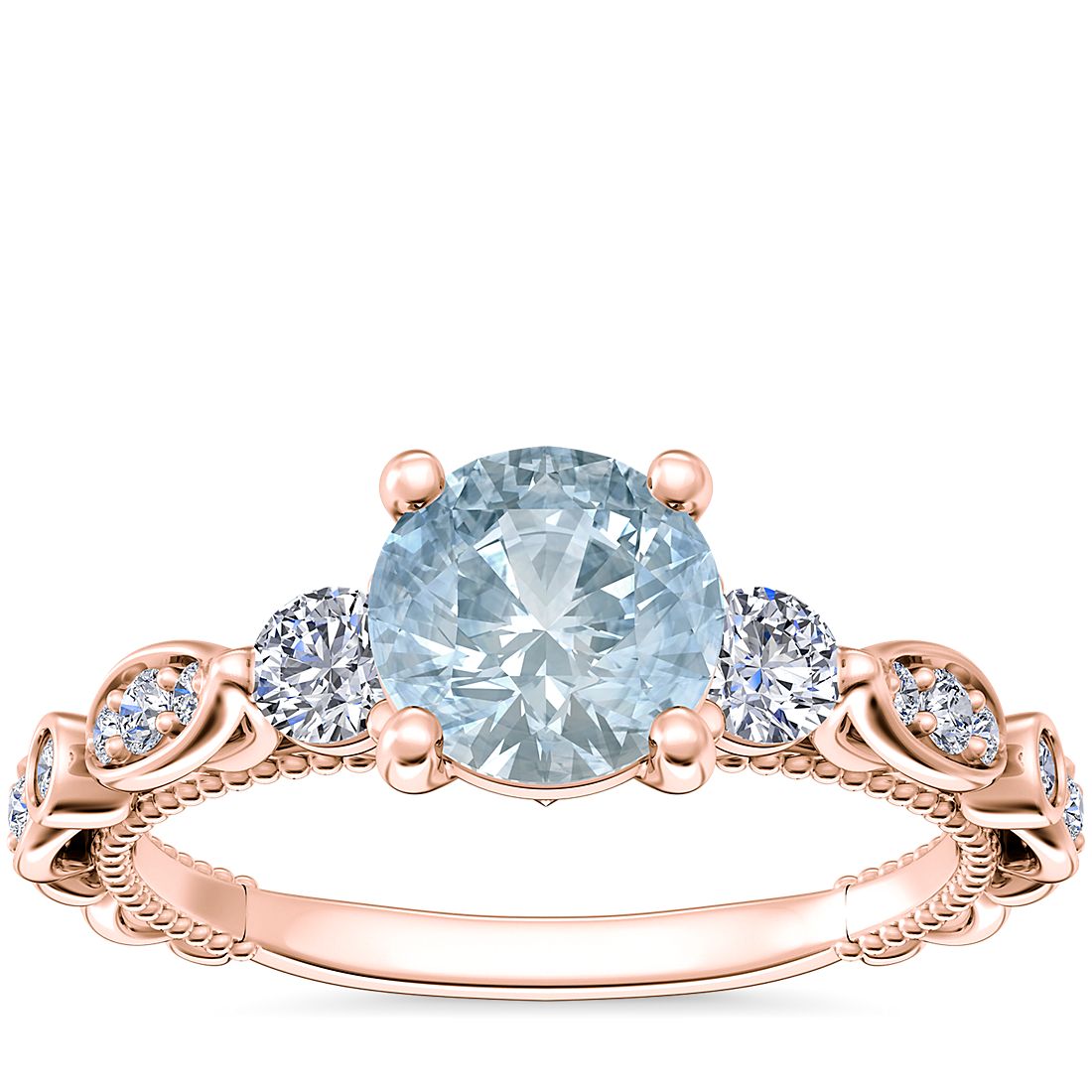Floral Ellipse Diamond Cathedral Engagement Ring with Round Aquamarine in 14k Rose Gold (6.5mm)