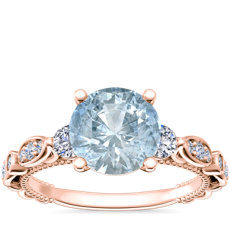 Floral Ellipse Diamond Cathedral Engagement Ring with Round Aquamarine in 14k Rose Gold (8mm)