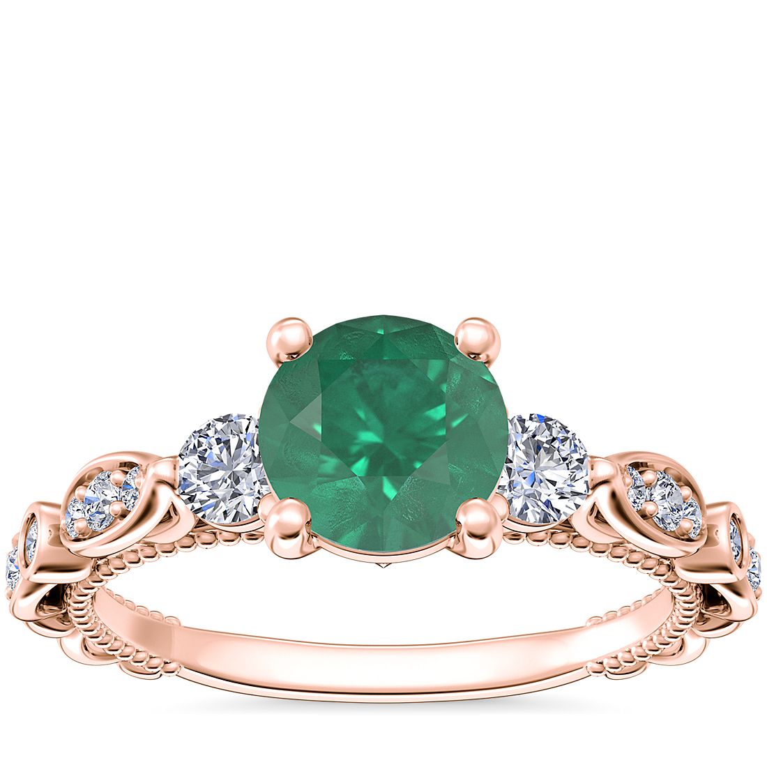 Floral Ellipse Diamond Cathedral Engagement Ring with Round Emerald in 14k Rose Gold (6.5mm)