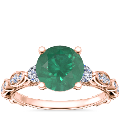 Floral Ellipse Diamond Cathedral Engagement Ring with Round Emerald in ...