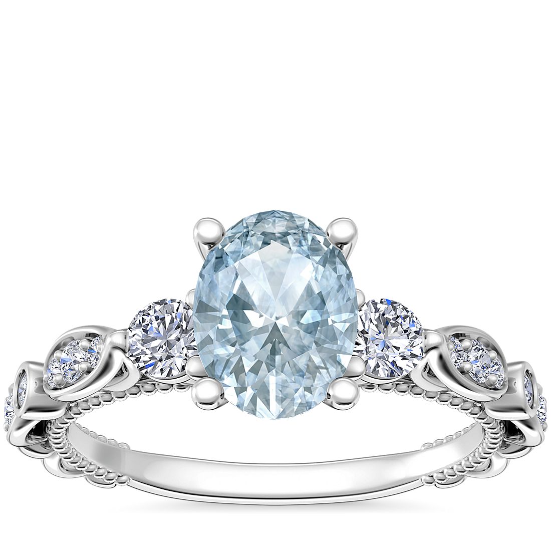 Floral Ellipse Diamond Cathedral Engagement Ring with Oval Aquamarine in 14k White Gold (8x6mm)