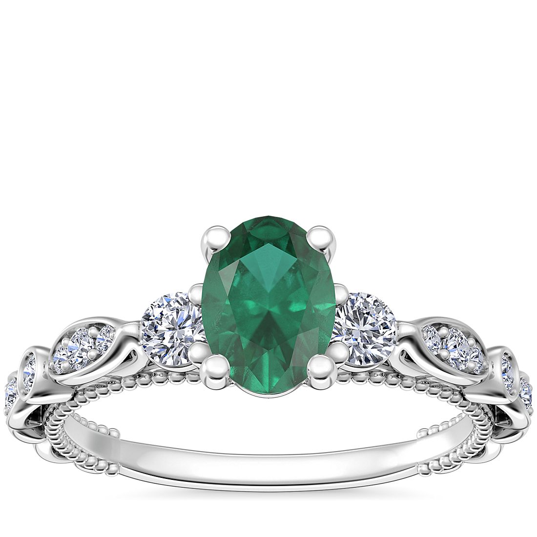 Floral Ellipse Diamond Cathedral Engagement Ring with Oval Emerald in 14k White Gold (7x5mm)