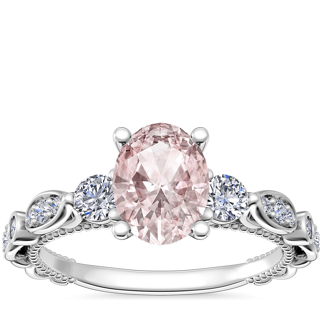 Floral Ellipse Diamond Cathedral Engagement Ring with Oval Morganite in 14k White Gold (8x6mm)